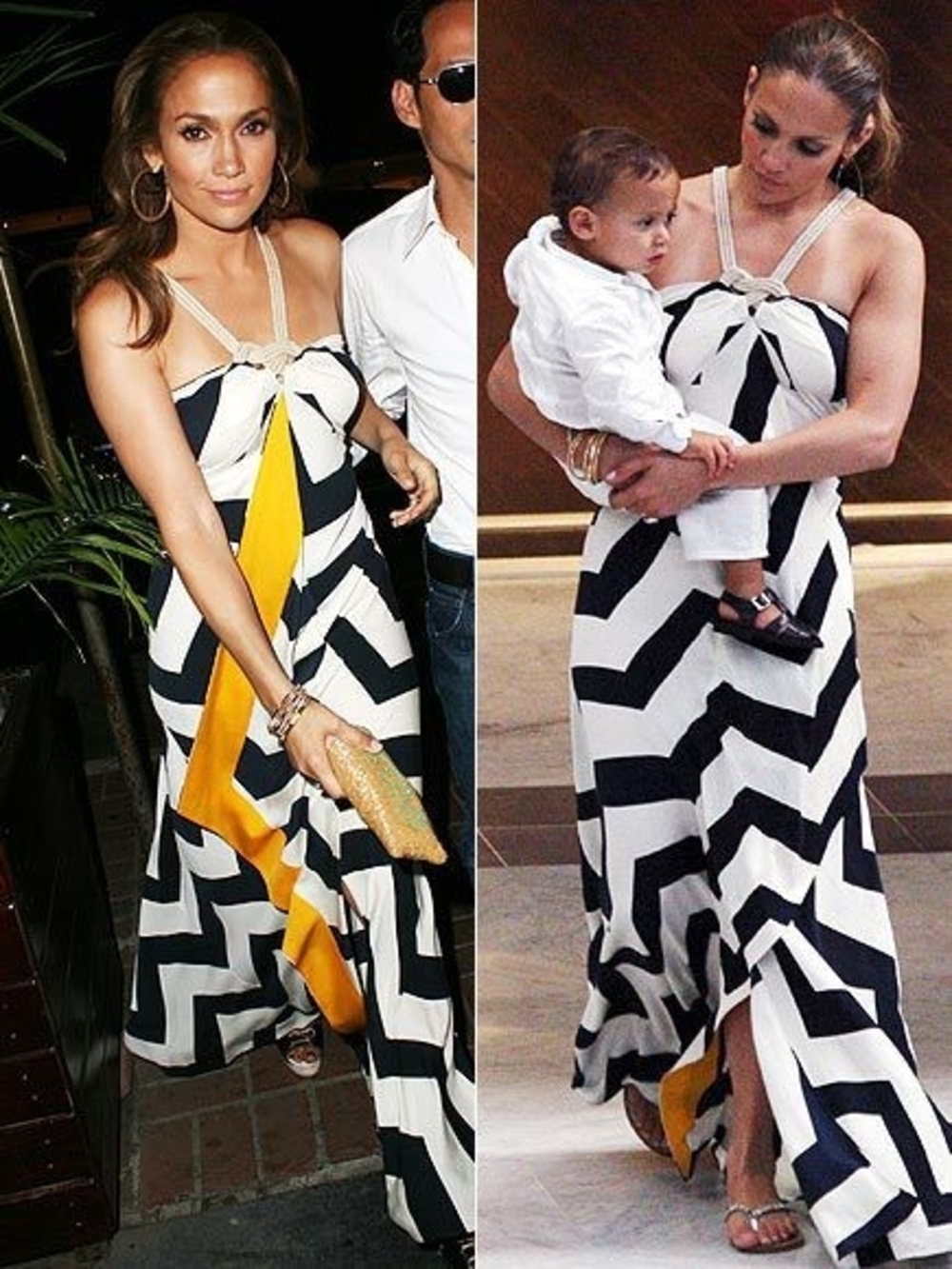 Diane Von Furstenberg Black, White Yellow Chevron Maxi Dress Scarf Gown Natical